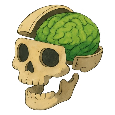 ghibli style cut-up skull with green brain inside sticker