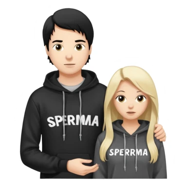 I want it to be this emote 🙍‍♂️
of a white guy with black hair and a black sweatshirt with the word "sperma" written in white in the middle. Behind him, there's a pretty blonde with long hair, pulling the string on the first person's hoodie. The girl is wearing a gray sweatshirt. sticker