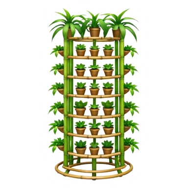 Very Large alien-futuristic multi-tier multi-level curved plant rack, which holds twenty-five plants, constructed from 7/8ths of an inch thin vining bamboo poles  sticker