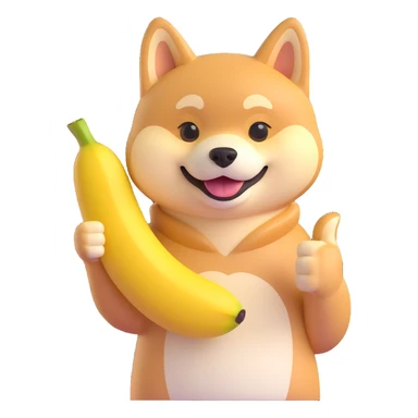 shiba inu showing thumb up and having banana sticker