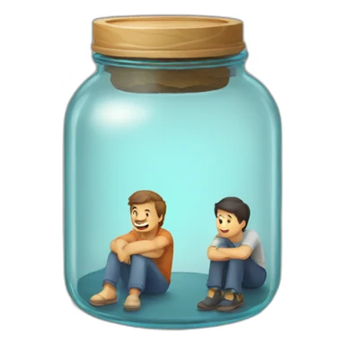 a glass jar standing on the floor between two man's feet sticker