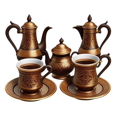 Turkish Coffee Set – Cinematic Realistic Turkish Coffee Set, depicted as an elegantly arranged ensemble of ornate coffee cups and a traditional cezve pot, adorned with intricate patterns and rich, warm colors, rendered with detailed textures and soft ambient lighting that captures its cultural heritage. sticker