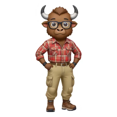 friendly anthropomorphised bison in cargo pants and plaid shirt, wearing glasses, jogging upright, relaxed pose sticker