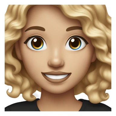White-skinned adult woman, smiling, glitter makeup on her face, blue eyes, long brown-to-blonde ombre wavy hair, ring earrings, black T-shirt. sticker
