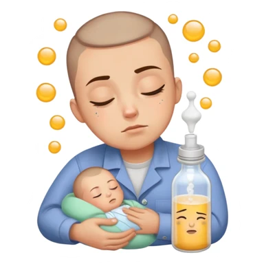 Hair: Buzzcut with baby photo sticker on temple Face: Sleep-deprived squint, formula powder residue Clothes: Stained button-up with mismatched socks Action: Bottle-warming while debugging code sticker
