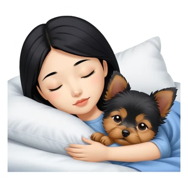 pretty asian girl with black hair sleeping in bed with small yorkshire terrier sticker