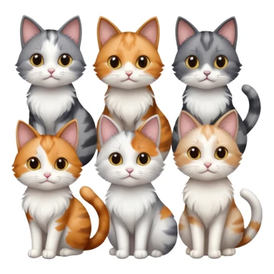 6 realistic looking cats with different natural coloured coats, assorted grey and white, greys, calico, brown and white colours etc
 sticker