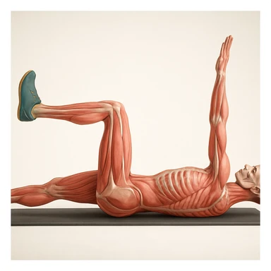 Anatomically hyperrealistic 4K side view of a man in dead bug position with the arm on the ground fully extended above the head, straight, showing pelvis and spine bones, translucent muscles and skin, medical atmosphere, realistic anatomical details. Variant 4, slightly change the position of the arms. sticker