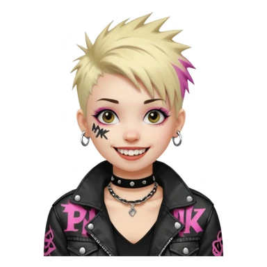 a punk girl with short dyed hair and wear a punk graffiti jacket with black choker grin playfully  sticker