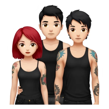 generate a fair boy with messy black hair, tattoos. standing beside a fair black haired girl wearing a black cami top and a tan girl with red hair sticker