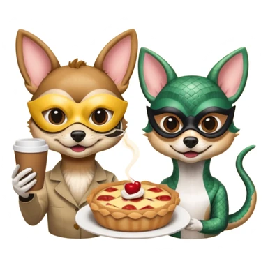 Coffee and quiche as a gift to a snake and a chihuahua, both wearing masks sticker