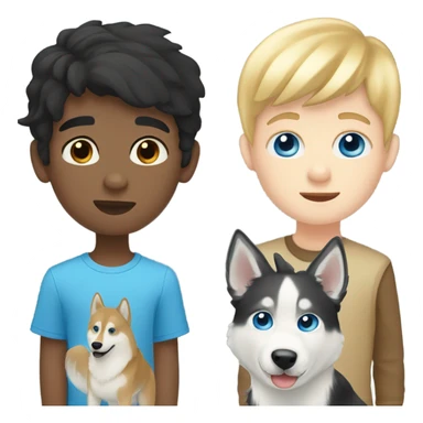 Black hair Pale skin boy, blond hair pale skin boy and a one golden Husky with blue eyes sticker