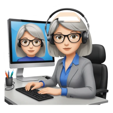 donna bionda occhi azzurri con occhiali grigio/neri, capelli media lunghezza lisci, davanti al pc alla sua scrivania. è una grafica editoriale e redattrice sticker