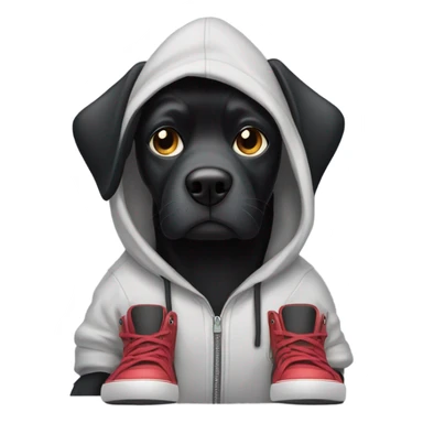 black dog in a hoodie with a cellphone and big shoes sticker