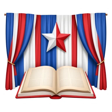 Book of theatrical set design with cover designed like the Puerto Rican flag, red and blue stripes with white star, theater curtains visible on pages sticker