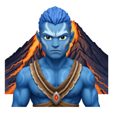 a Avatar blue skin wearing ancient animal skin cloth with volcano behind, half body, icon sticker