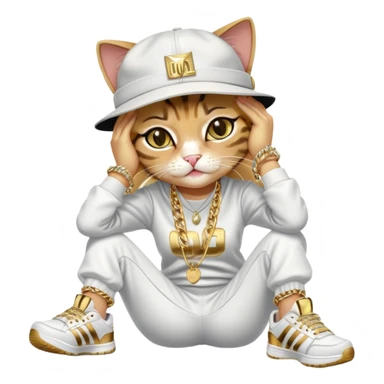 female cat lying down horizontally on the ground, crying, wearing Run DMC hip-hop outfit with tracksuit, fedora, Adidas sneakers, many gold chains, rings, bracelets, flashy earrings, no sunglasses sticker