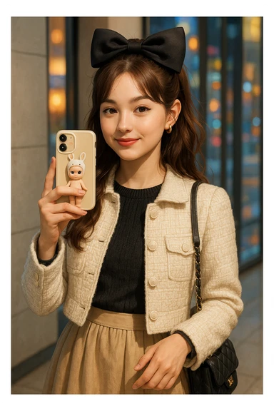 realistic depiction of a stylish girl with a big bow, fashionable cute clothes, and a phone case featuring a Sonny Angel toy sticker