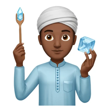 Pakistani street ice seller holding an ice pick (suva) in one hand and a large transparent ice cube in the other, wearing simple shalwar kameez, standing confidently with a focused expression, 3D, shiny, clean, minimal, matching iPhone emoji design, plain white background sticker