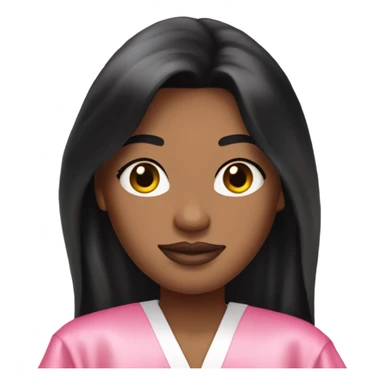 Light complexion woman with long black hair wearing a silk pink Victoria’s Secret robe sticker