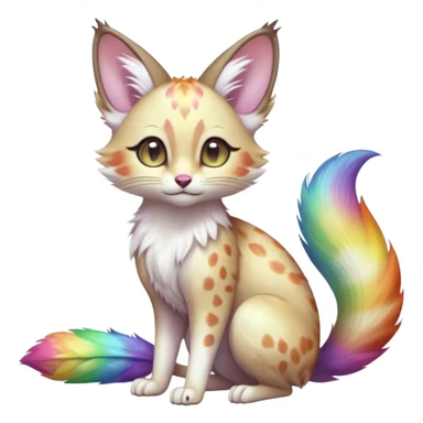 Hyper realistic  opal-bloom pearl-white fur blooming with rainbow firefly shimmer beautiful elegant pretty precious cute  Fakémon-Pokémon-opossum-feline-serval-caracal-chinchilla-Furret-Minccino-hybrid-creature with a big fluffy bushy tail (full body) sticker