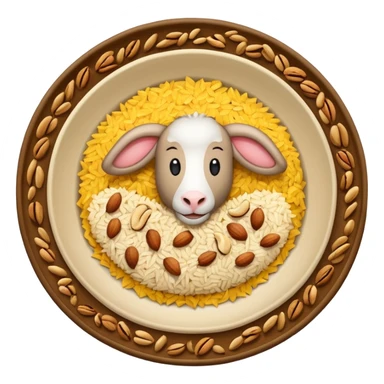 "Emoji of a Jordanian Mansaf dish — round platter with golden rice, lamb pieces, nuts on top, simple cute cartoon style, clean lines, white or transparent background." sticker