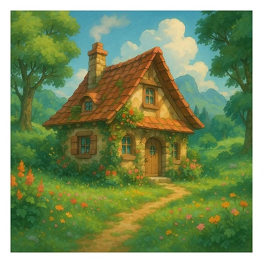 a cozy cottage in a magical landscape, ghibli style sticker
