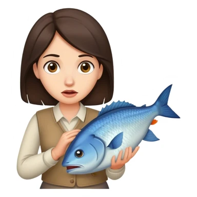 Confused Brunette Woman carries huge fish sticker