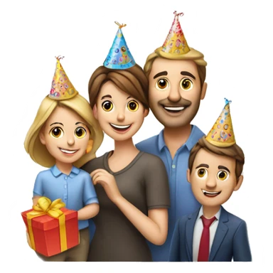 European company of 4 people (mom dad and 2 kids) celebrate birthday in birthday hats sticker