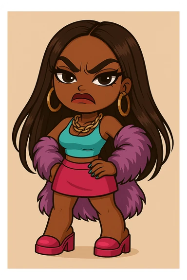 Change her expression to angry, keep her as a 20-year-old anime Bratz style woman with dark skin, dark hair, glamorous evening wear, big expressive eyes, and glossy lips. Maintain the anime Bratz style and the original look except for the angry expression. sticker
