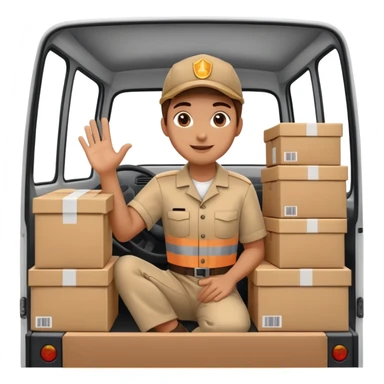 truck with a supplier in work uniform sitting inside, waving hi, lots of packages in the truck sticker