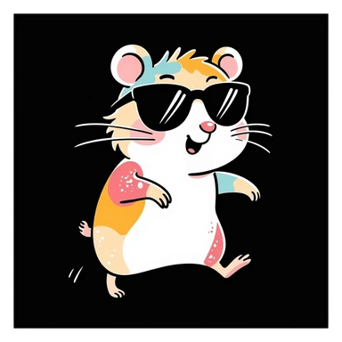 unique colorful hand-drawn modern semi-realistic hamster with cool glasses running energetically on solid black background illustrated in Procreate on an iPad sticker