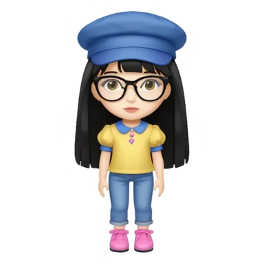 A yellow-skinned girl with long straight black hair, flat bangs, black frame glasses, a white puffy sleeve doll shirt, blue jeans and pink shoes, and a black painter's hat，no yellow spikes. sticker