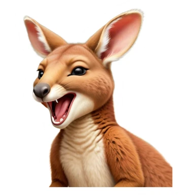 Cinematic Cute Yawning Kangaroo Portrait Emoji, Head tilted slightly with a dramatic, wide-open yawn, showcasing a soft, downy red-orange fur with gently drooping ears and round amber eyes barely open in drowsy contentment, Simplified yet irresistibly adorable features, highly detailed, glowing with a soft, cozy glow, high shine, relaxed yet expressive, stylized with a touch of outback charm, bright and endearing, soft glowing outline, capturing the essence of a sleepy yet affectionate kangaroo, so drowsy it feels like it could stretch out of the screen and curl up for a nap! sticker