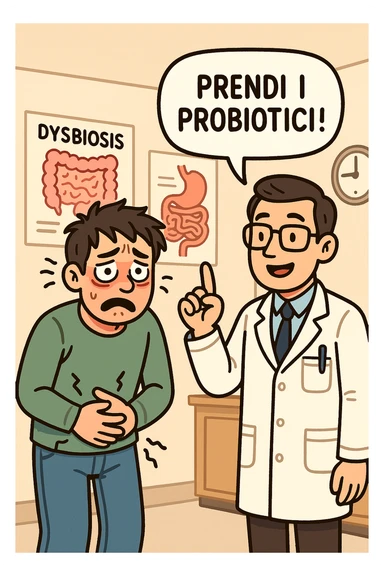 Uomo che ha disbiosi evidente e il dottore gli dice "Prendi i Probiotici!" sticker