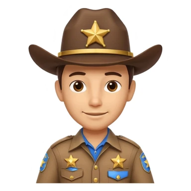 cute sheriff cowboy portrait, head and shoulders only, cowboy hat, sheriff badge on chest, confident smile, western uniform collar, 3D cartoon, mobile game icon style, clean background, no text, no watermark
 sticker