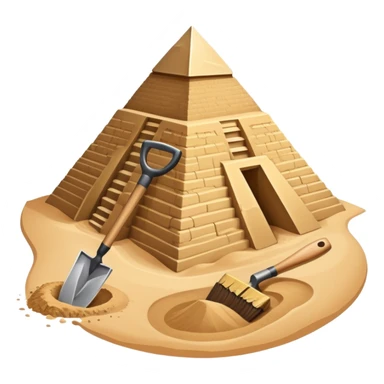 An icon showing archaeological tools like a trowel, brush, and pickaxe placed on sandy ground, with an Egyptian pyramid in the background. The design symbolizes excavation and discovery of ancient history, blending tools and iconic landmarks. Transparent background. sticker