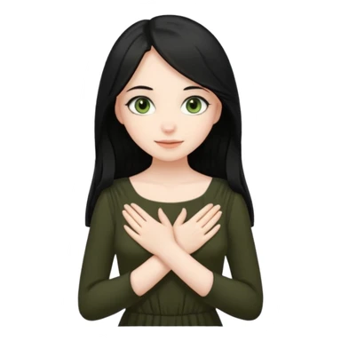 Pale girl with long black hair and olive green eyes soft smile wearing black dress and holding hands over her chest sticker