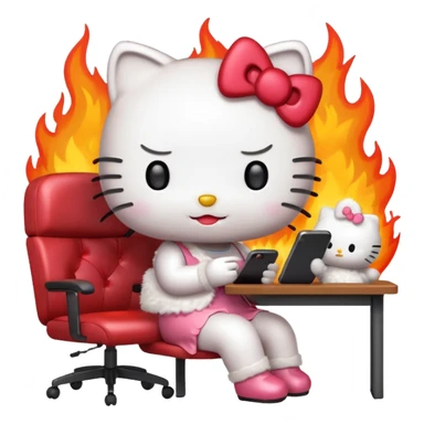 Apple-style emoji illustration of hello kitty character calmly sitting at an office desk, looking at a smartphone and looking relaxed, while the office behind her is subtly on fire. sticker
