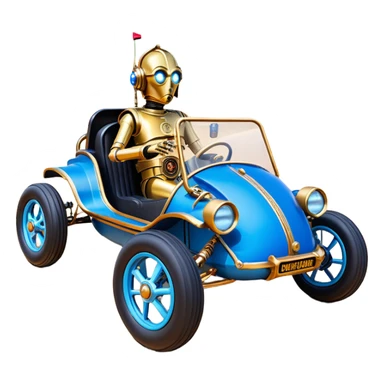  tarnished blue neon underglow C-3PO ghost buster 1964 delicately ornate rosegold wood accents painted Model-T dune buggy buckboard powered by electric motors and batteries with racing safety belts while flying rapidly roughening terrain stable on strong agile advanced suspension and steering sticker