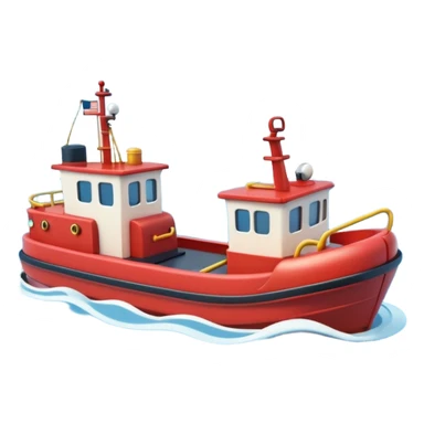 A 3D cartoon tugboat towing another boat on calm blue water, soft waves, clear sky, Memoji-style. sticker