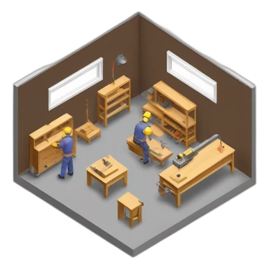 isometric square solid outline border containing indoor creative factory woodworking metalworking people active working cnc machine tools simple clean industrial makerspace concrete #edc31b  sticker