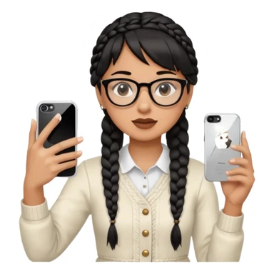 Black hair is braided to one side, braided to the left, and bangs, wearing horn-rimmed glasses, holding an iPhone white color and taking a mirror selfie so that Apple logo comes out sticker