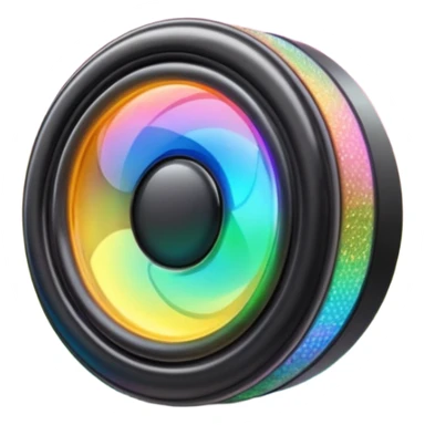 A speaker emoji 🔊 with a smooth CD-like surface that reflects rainbow iridescent colors, glowing RGB light ring around the edge, shiny plastic body, prismatic reflections shifting across the front, soft sparkles and light gleams, holographic sheen, clean simple shape, bright colorful highlights sticker