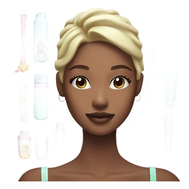 Generate emoji skin care cosmetics jars and tubes pink, light green and blue and a girl with blond hair next to her sticker