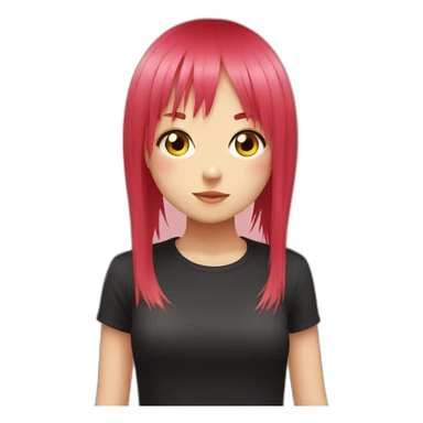 (gril) makima from the manga chainsawman with pink/red hair fringe, yellow eyes with a circle inside and a black shirt sticker