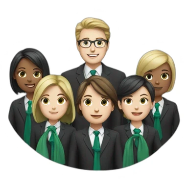 Many school  wyhite students and teacher in black blue school costume and green tie  sticker