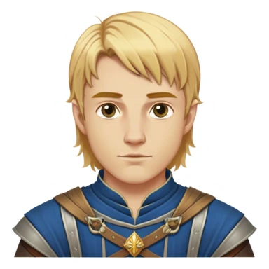 Medieval summer outfit worn by a DnD themed fantasy male character. Character has golden blonde hair cut in an even, symmetrical style that falls precisely to the jawline, with a perfectly centered part and identical lengths on both sides. sticker