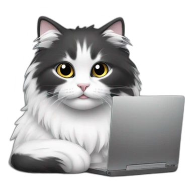 fluffy cat black and white near the computer sticker