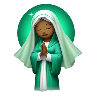 Virgin Mary: kind face looking down at the left Wearing an emerald green  robe and a light blue veil. Hands in prayer or blessing. Halo around her head. standing on a crescent moon.  sticker